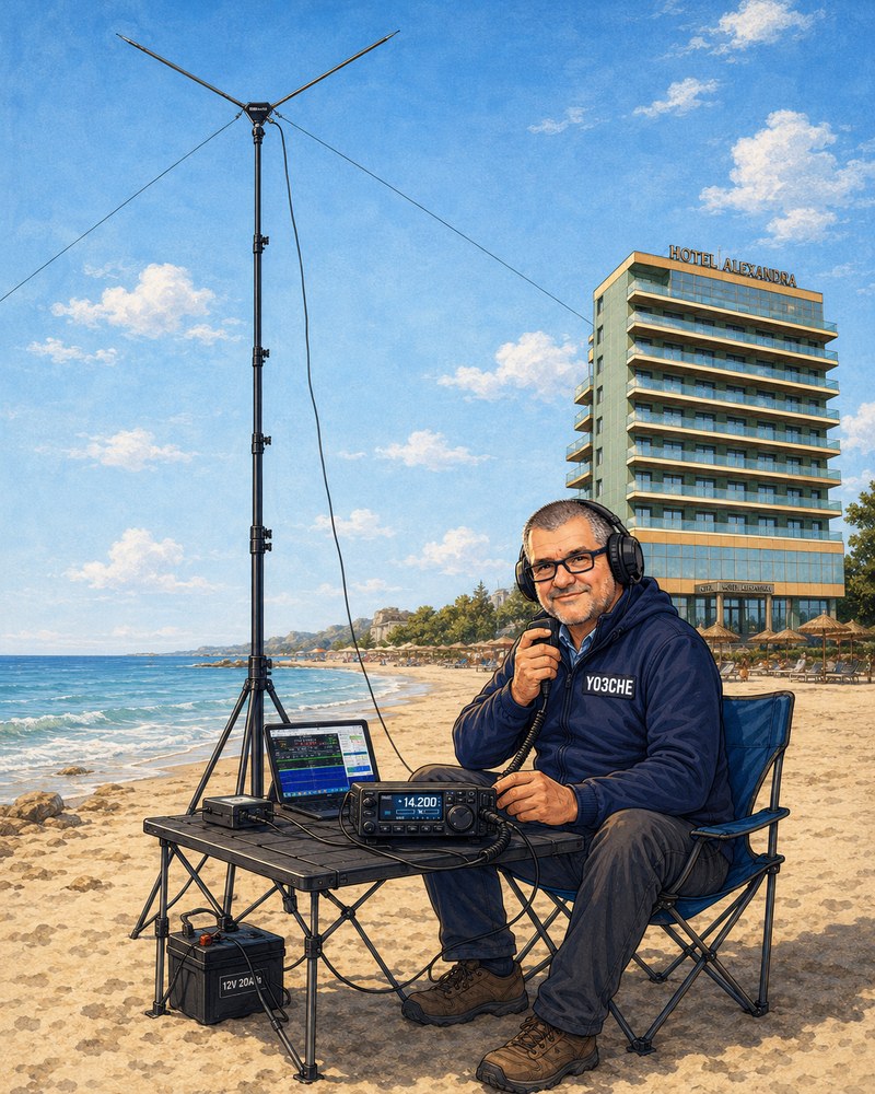 Portable radio station by the sea